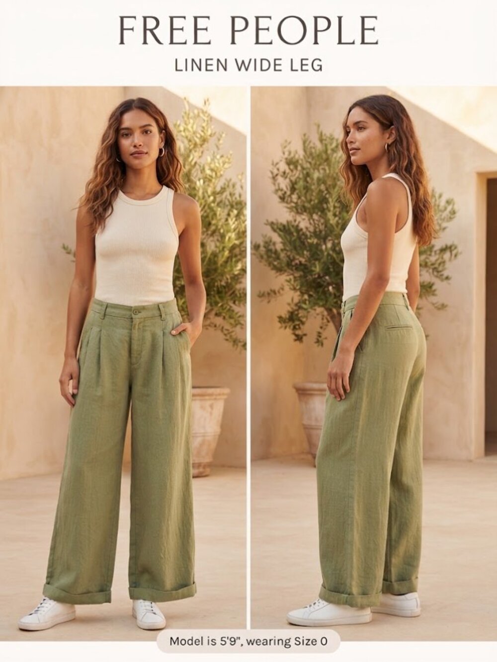 Free People Women's Olive Green Linen Relaxed Fit Wide Leg Trousers Size 0